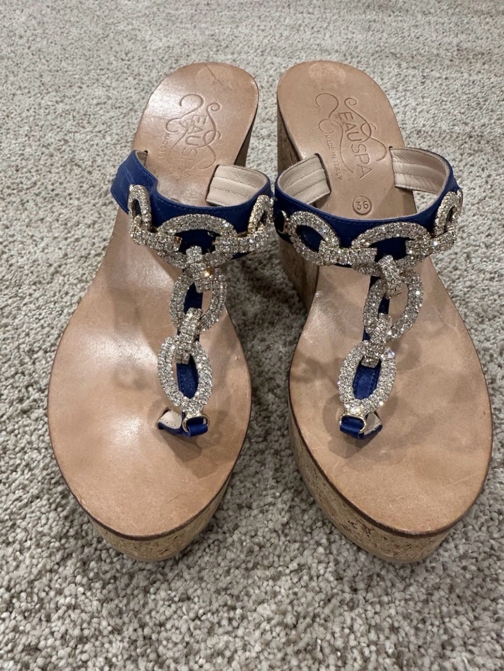 Italian, leather, genuine Jeweled Cork Wedge Sandals